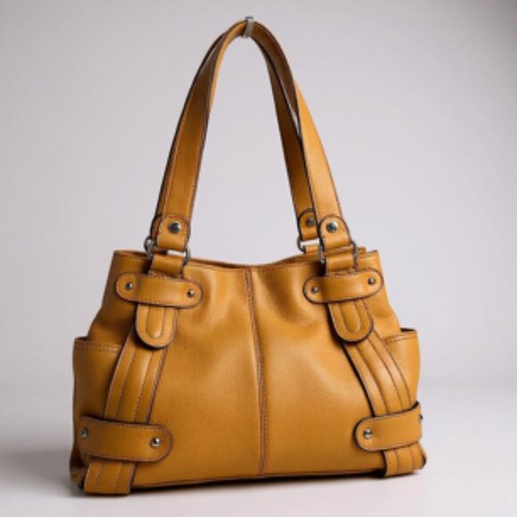 Tignanello Pebble Leather Shoulder Bag – Mustard Yellow – Double Strap Tote - Picture 3 of 12